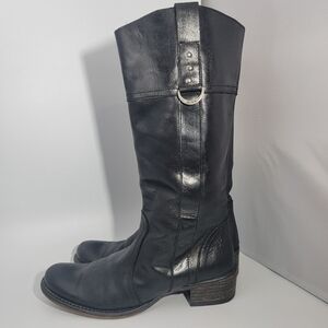 DESTROY Tall Leather Boots Black Made In Spain Size 39 Logo Moto Grunge Vintage